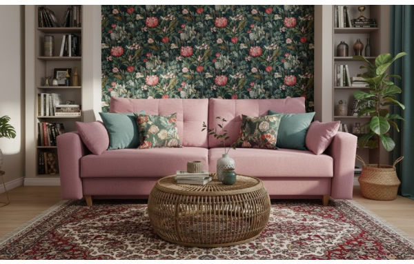 Sofa Kristi II fioletowa na sprężynach z funkcją spania i pojemnikiem